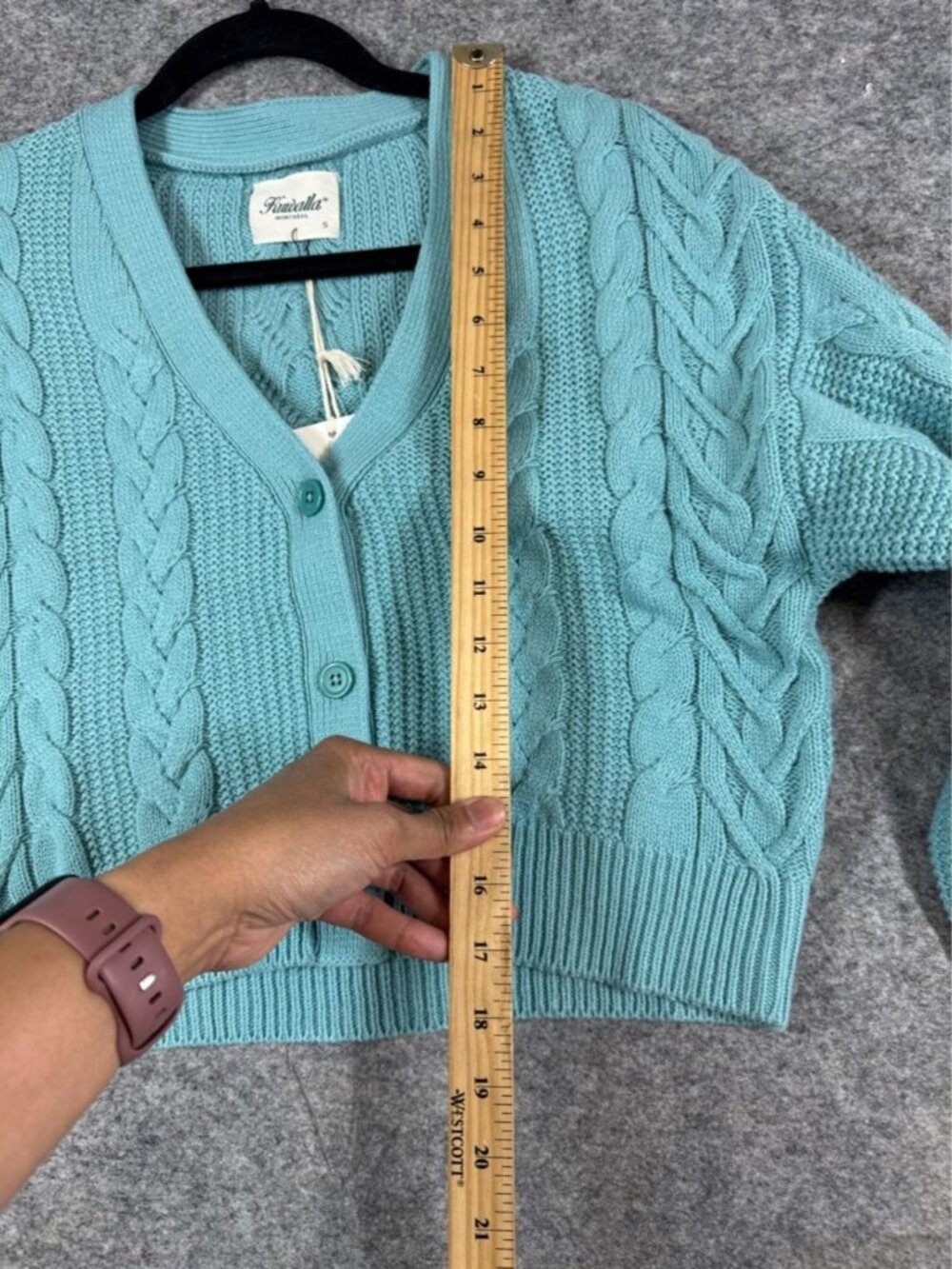 Kuwalla Cable Knit Cropped Buttoned Cardigan Sweater Teal Cozy Boho Size S Relax - Picture 9 of 13